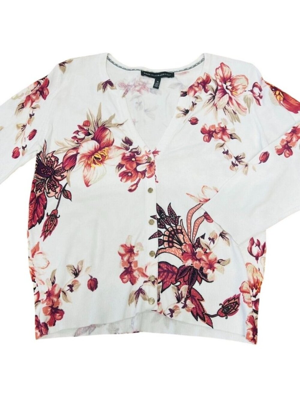 White floral button up front sweater, White House Black Market, v neck, feminine